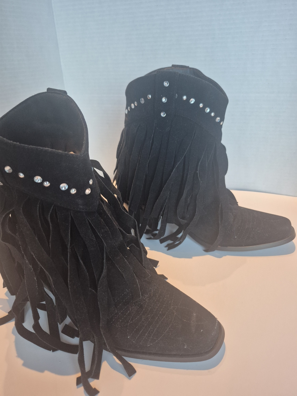 Fringed Studded Black Suede Ankle Booties